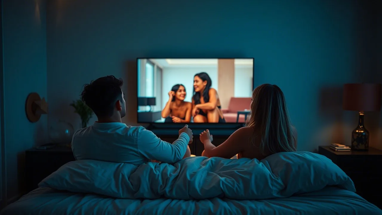 Un couple dans le lit regarde de la pornographie pour pimenter les rapports sexuels